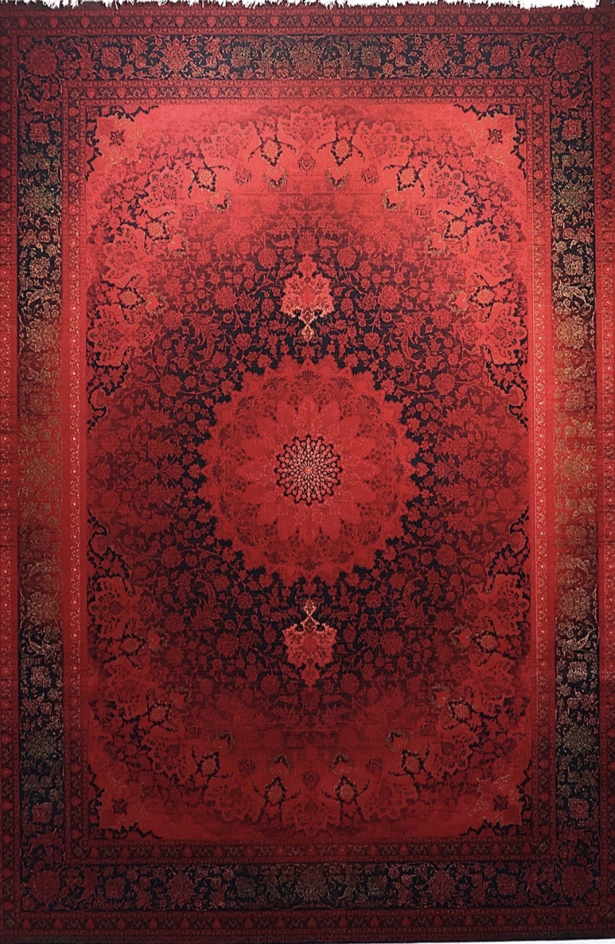 فرش ۷۰۰ شانه ۶ متری کاشان لاکی ارغوانی طرح اطلسی khan