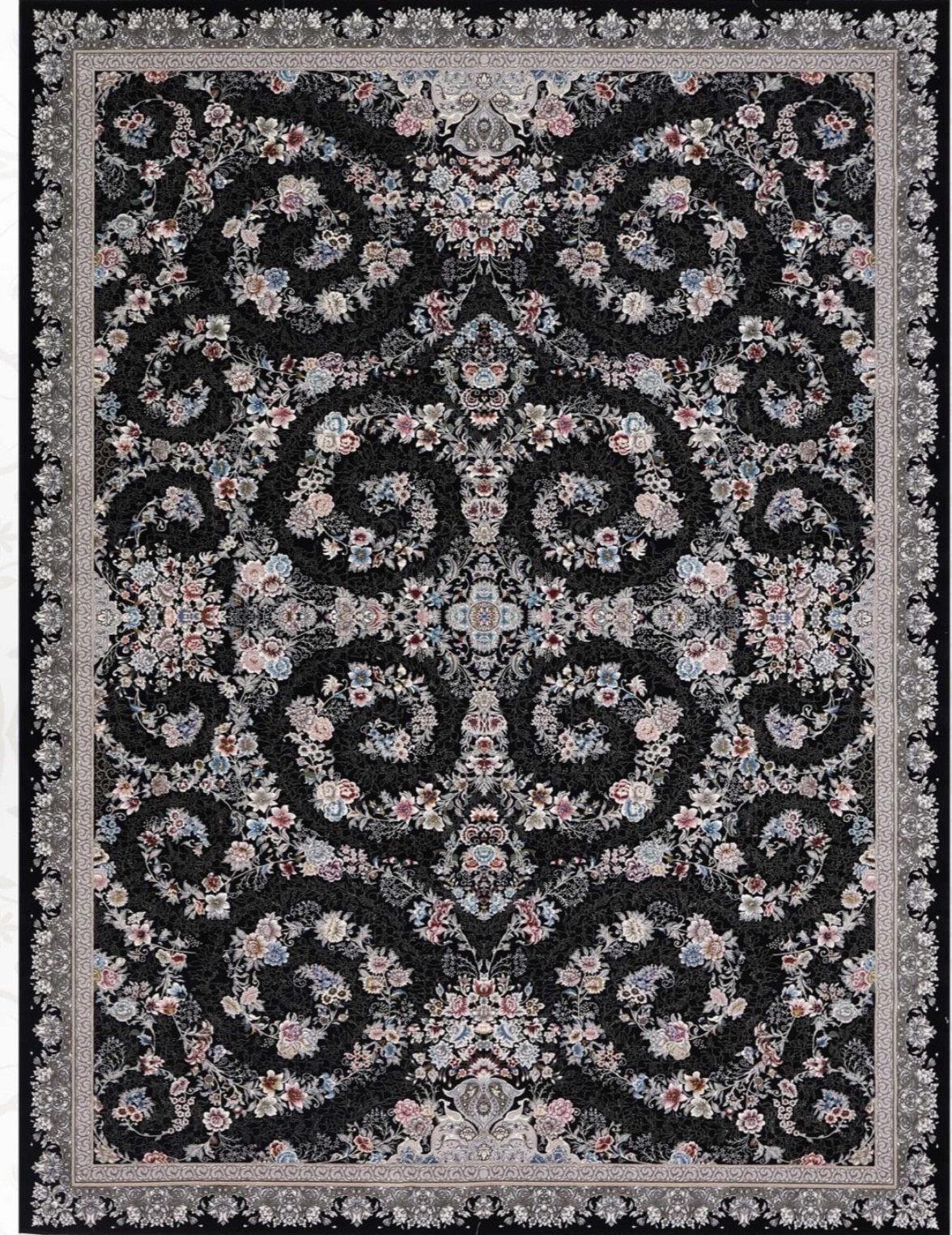 فرش ۷۰۰ شانه ۹ متری کاشان رنگ سرمه ای طرح ترنم khan