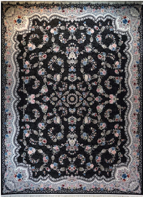 فرش ۷۰۰ شانه ۹ متری کاشان رنگ سرمه ای طرح افشان رها khan