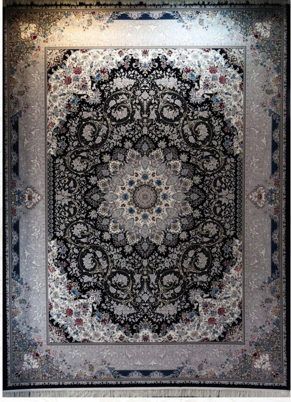 فرش ۷۰۰ شانه ۶ متری کاشان رنگ سرمه ای طرح شاهانه khan