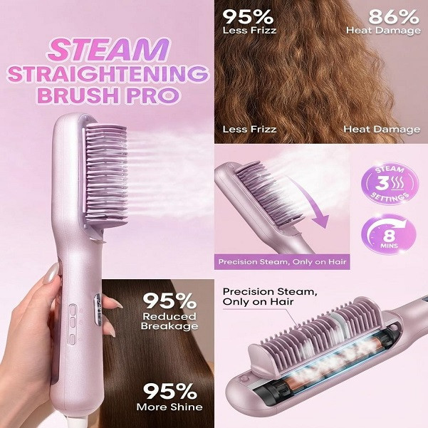 برس حرارتی بخاردار شیگلم مدل Hydra Shot Steam straightening brush Pro وزن 775 گرم با مخزن بخار داخلی و سیستم یونساز