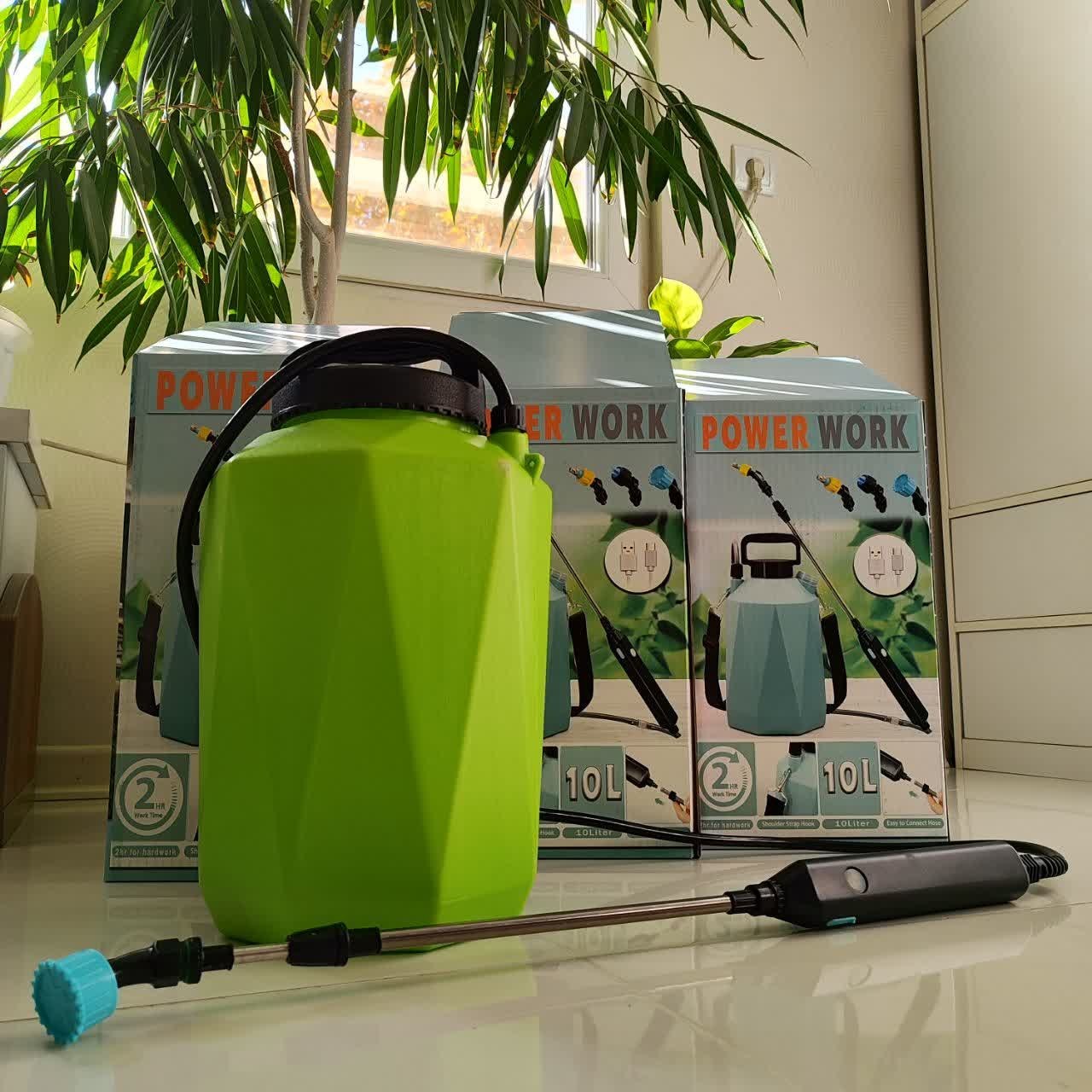 سمپاش شارژی 10 لیتری وارداتی پاورورک power work همراه کابل شارژ لانس تلسکوپی استیل سم پاش شارژی لوازم جانبی بدنه مواد نو