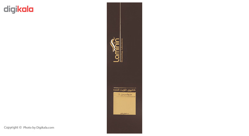 شامپو تقویتکننده و ضد ریزش مو لامینین مدل Caffeine حجم 200 میلیلیتر، حاوی کافئین و 1% ماینوکسیدیل، مناسب انواع مو، کمک به استحکام ساقه و رویش مجدد مو