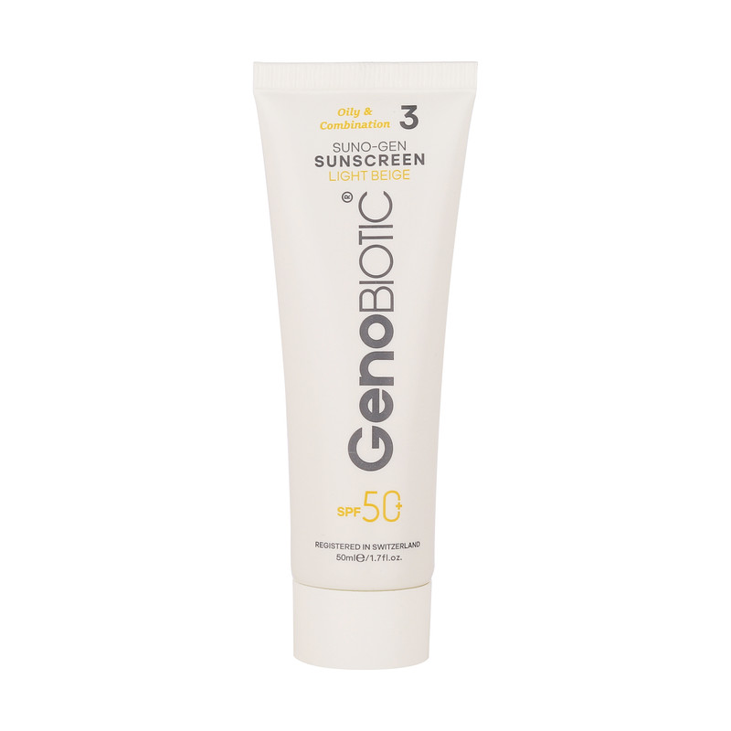 کرم ضدآفتاب رنگی ژنوبایوتیک SPF 50 مدل SUNO محافظ UVA ،UVB، مناسب پوستهای چرب، حجم 50 میلیلیتر