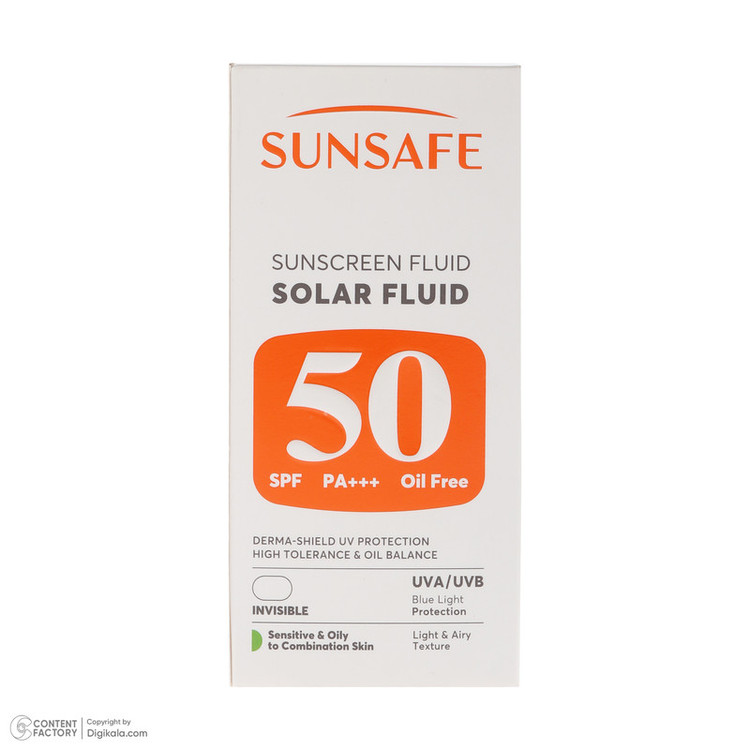 فلوئید ضد آفتاب بیرنگ صورت و بدن سان سیف SPF 50 مدل Solar محافظ در برابر اشعه UVA و UVB مناسب برای پوست حساس و چرب حجم 50 میلیلیتر