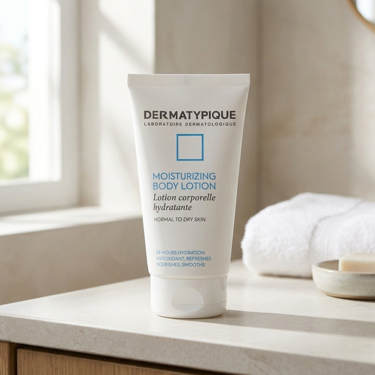 لوسیون بدن درماتیپیک مدل MOISTURIZING حجم 150 میلیلیتر، مرطوب کننده و آبرسان، حاوی هیالورونیک اسید، روغن آرگان و جوجوبا، مناسب پوست معمولی تا خشک، ضد التهاب و پیشگیری از پیری زودرس