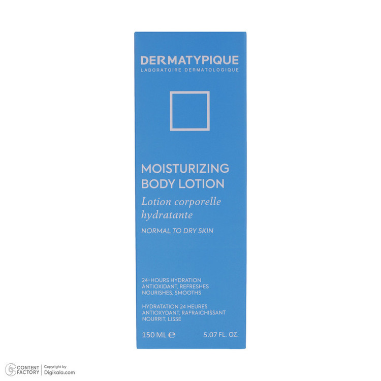 لوسیون بدن درماتیپیک مدل MOISTURIZING حجم 150 میلیلیتر، مرطوب کننده و آبرسان، حاوی هیالورونیک اسید، روغن آرگان و جوجوبا، مناسب پوست معمولی تا خشک، ضد التهاب و پیشگیری از پیری زودرس