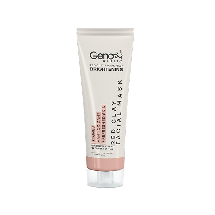 ماسک صورت و گردن روشن‌کننده و لایه‌بردار خاک رس قرمز ژنوبایوتیک مدل Red Clay حجم 100 میلی‌لیتر با عصاره برگ هلو و خیار، آنتی‌اکسیدان و از بین برنده تیرگی و لکه، مناسب انواع پوست