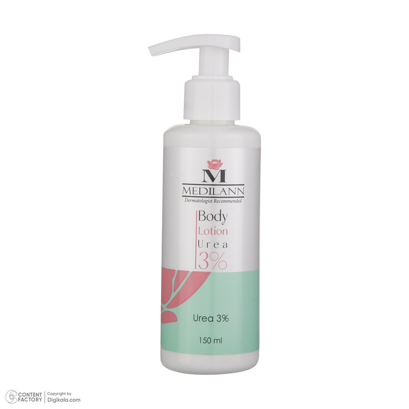 لوسیون بدن مدیلن مدل Urea3% حجم 150 میلیلیتر، حاوی اوره 3% و عصاره آلوئه ورا، مرطوبکننده عمقی، ضد خشکی و ضد چروک، مناسب انواع پوست