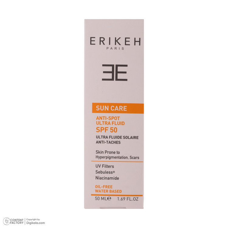 کرم ضد آفتاب بدون رنگ اریکه SPF50 مدل Anti-Spot محافظ UVA،UVB مناسب انواع پوست حجم 50 میلیلیتر