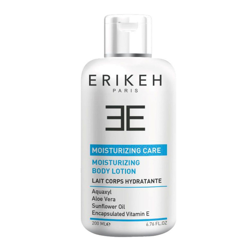 لوسیون مرطوب کننده بدن اریکه مدل Moisturizing Care حجم 200 میلیلیتر، حاوی عصاره آلوئهورا و ویتامین E، جذب سریع، آبرسانی قوی، مناسب انواع پوست