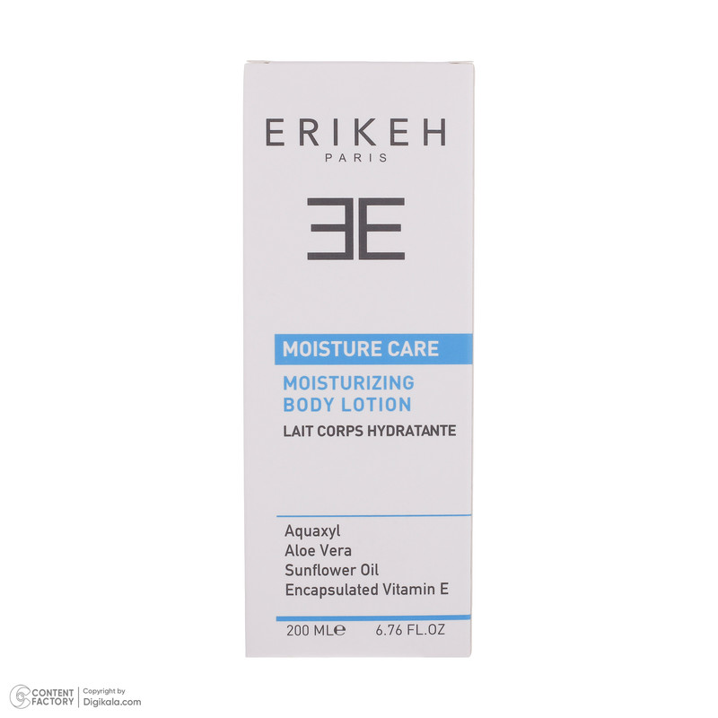 لوسیون مرطوب کننده بدن اریکه مدل Moisturizing Care حجم 200 میلیلیتر، حاوی عصاره آلوئهورا و ویتامین E، جذب سریع، آبرسانی قوی، مناسب انواع پوست