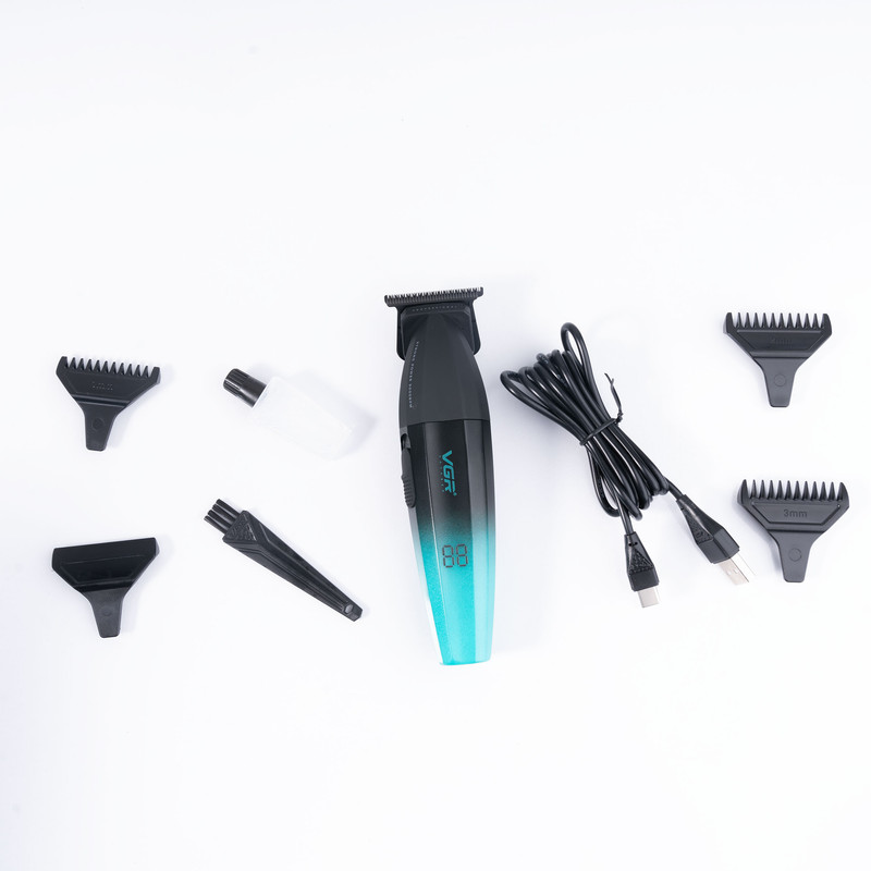 ماشین اصلاح موی سر و صورت وی جی آر مدل V-906 با تیغه سرامیکی پوشش DLC، موتور 9000 دور در دقیقه، باتری 2000 میلیآمپر ساعت با 240 دقیقه عمر شارژ، صفحه نمایش LED، طراحی ارگونومیک و مقاوم، قابلیت صفرزن، خط زن و حجم زن