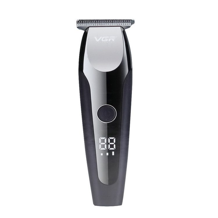 ماشین اصلاح موی صورت و بدن وی جی ار مدل V-059 با تیغه استیل ضد زنگ خودتیز شونده، باتری لیتیوم یونی با 150 دقیقه زمان استفاده، نمایشگر دیجیتال، تنظیم سرعت 3 مرحلهای و 6 عدد شانه سایز 1 تا 6 میلیمتر