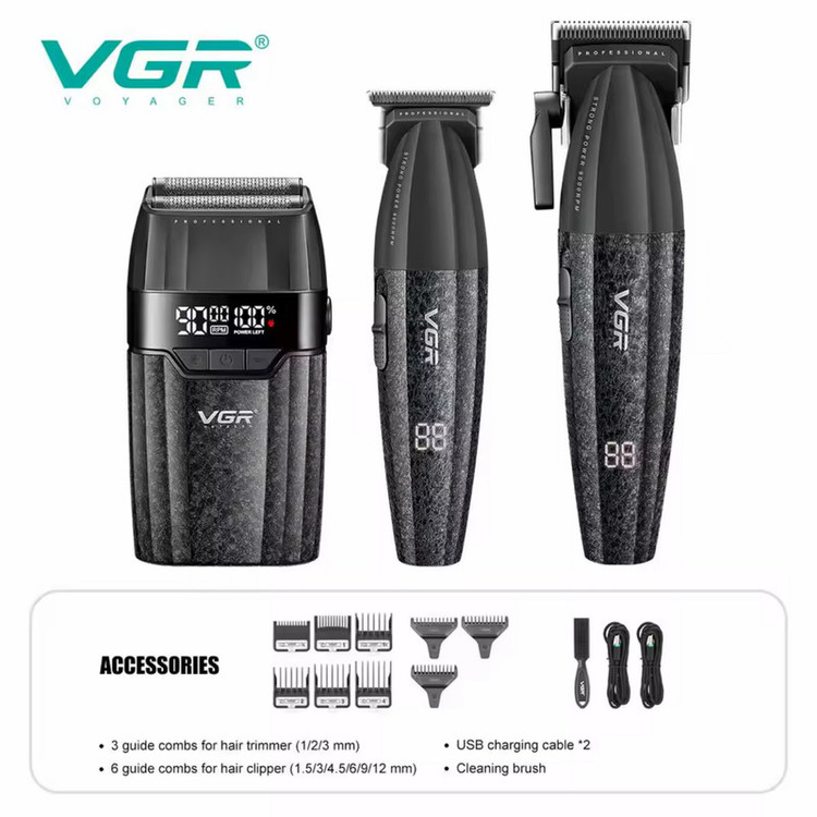 ماشین اصلاح موی سر و صورت شارژی وی جی ار مدل V-640 s3 مجموعه 3 عددی