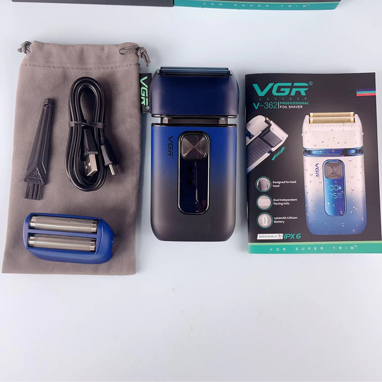 ماشین اصلاح موی سر و صورت وی جی ار مدل V-362 با تیغه تیتانیوم، صفر زن، فویلی، ضد آب، استفاده خشک و مرطوب، نمایش وضعیت باتری، باتری 1400 میلیآمپر، شارژ با کابل USB، مدت زمان شارژ و استفاده 120 دقیقه